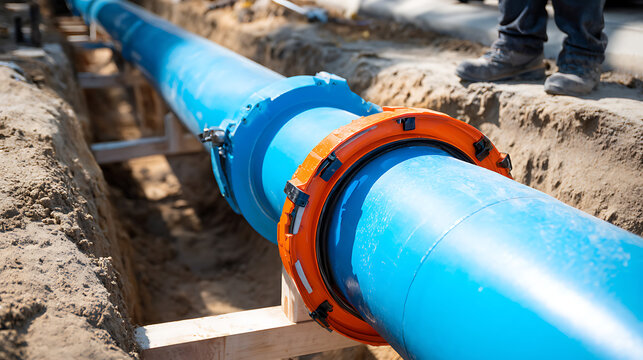 Installing New Blue Water Pipe in Trench at Construction Site with Orange Joint Detail and Worker's Feet visible Above Ground