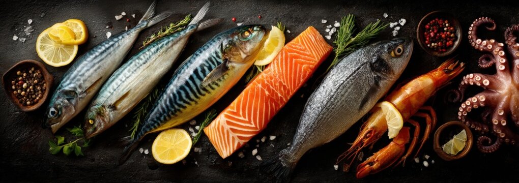 Fresh seafood assortment featuring mackerel, salmon, sea bass, shrimp, and octopus garnished with lemon slices and herbs on a dark stone background