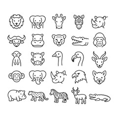 Obraz premium Outline illustrations of diverse wild animal faces.