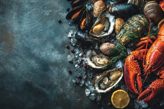 Fresh seafood platter featuring lobster, oysters, mussels, and clams arranged on ice with lemon slices and herbs on a textured dark surface
