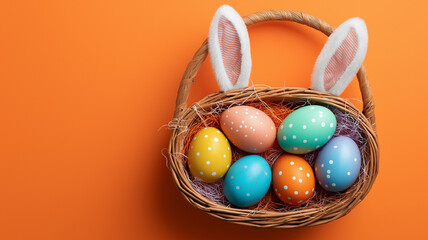 Naklejka premium Colorful Easter basket filled with vibrant eggs and cheerful bunny ears for festive celebrations Generative AI