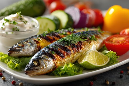 Freshly grilled sardine fillets on a white plate garnished with herbs, accompanied by fresh vegetables and a creamy dip, ideal for a healthy meal presentation