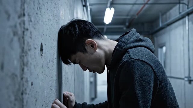 Young Man Leaning Against Wall in Dark Alleyway Feeling Despair.