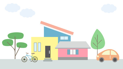 Fototapeta premium カラフルな一軒家と木と自転車の街並み背景イラスト素材
