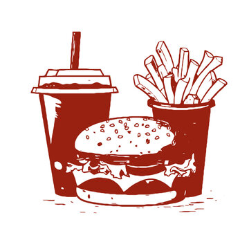 A red drawing of a fast food combo isolated on transparent background