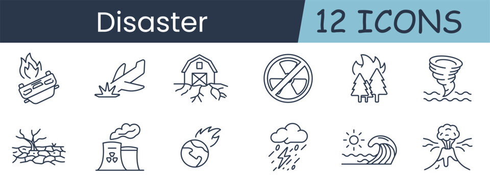 Disaster set icon. Fire log, plane crash, earthquake house, no radiation, forest fire, tornado, drought, nuclear plant, meteor, storm, tsunami, volcano, emergency