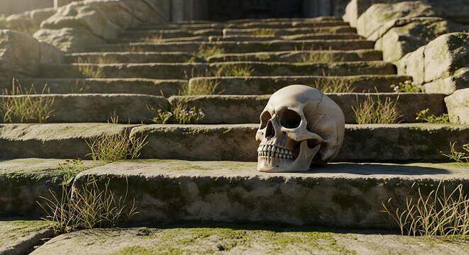 A skull sits on ancient stone steps covered in moss and grass leading to a mysterious entrance.