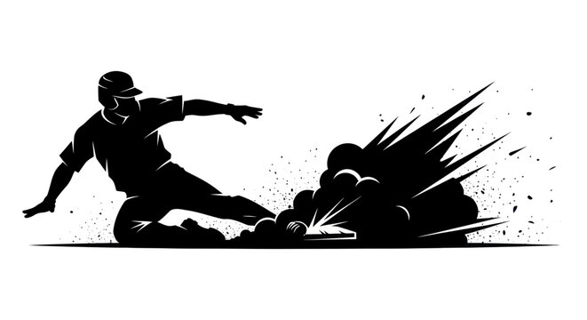 Baseball player sliding into base, dynamic action, dust cloud graphic