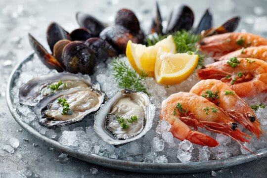Fresh seafood platter featuring shrimp, oysters, and mussels garnished with lemon wedges and herbs on a bed of ice served on a round metal tray