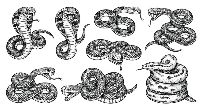 Collection of Snake Illustrations: Cobra, Rattlesnake, Boa Constrictor in Various Poses