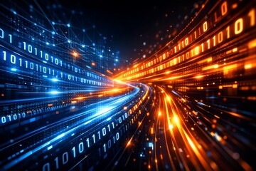 Fototapeta premium Futuristic Highway with Binary Code Overlay and Glowing Blue Orange Light Trails at Night