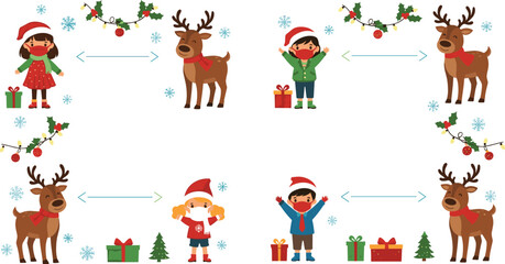 Christmas kids and reindeer set with holiday decorations and gift exchange vector illustration © jafrine