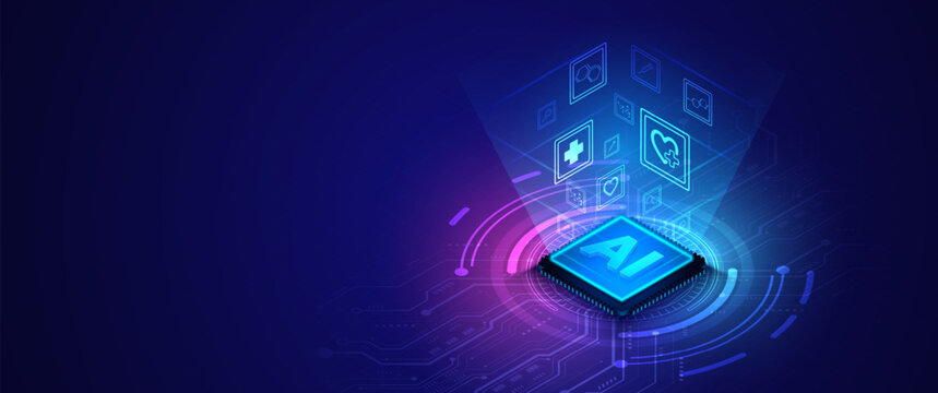 Artificial intelligence microchip with healthcare symbols and glowing neon circuit board