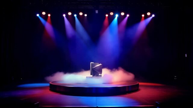 A dark stage with fog and colorful spotlights shining on an empty rotating platform