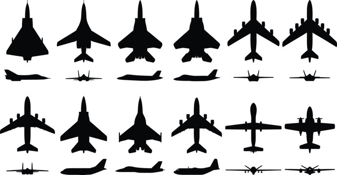 Silhouettes of various fighter jets and military aircraft in different angles and positions