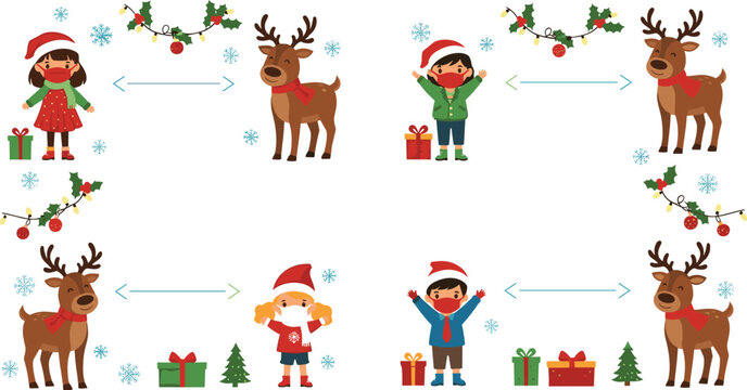 Christmas kids and reindeer set with holiday decorations and gift exchange vector illustration