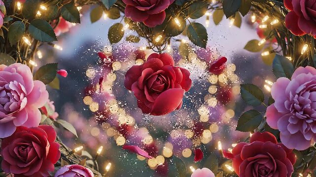A floral arch with red and pink roses and string lights at night