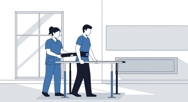 Physical Therapist Assists Patient Walking with Parallel Bars for Rehabilitation