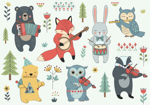Cartoon animals band practicing music with violin, guitar, drums, and flute in harmony