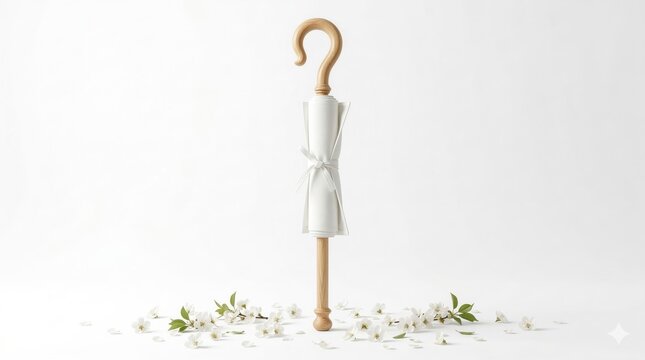 Rolled white victory banner on a light oak processional staff with blossom petals isolated on white background