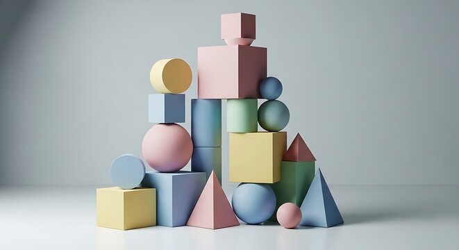 "A whimsical tower of colorful geometric shapes stacked in perfect balance, featuring soft pastel spheres, cubes, cylinders, cones and pyramids in matte pink, blue, yellow and beige tones, arranged on