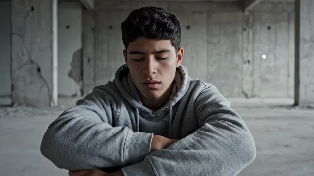 Young Man Sitting Alone in Abandoned Building Feeling Sad.