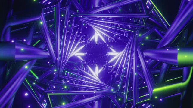 4k loop video of dynamic rhythmic vj tunnel with interlocking geometric shapes and glowing energy for VJ sets, high-tech club visuals, electronic music festivals, stage screens and LED video walls