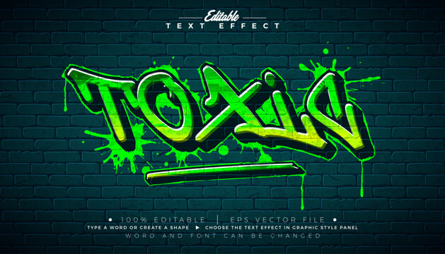 Editable Green Toxic Graffiti Text Effect Design with Customizable Colorful Grunge Hand Drawn Street Art Font on Brick Wall Background. Vector Illustrator Graphic Style Premium Typography Lettering