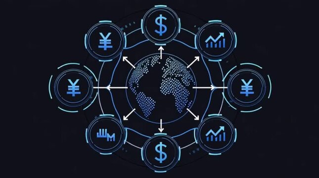 Global Finance Hub: A dynamic representation of global finance, with currency symbols and growth charts circling a central globe, all connected.