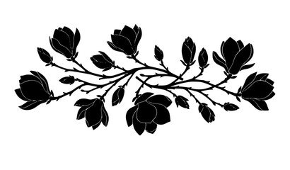 Decorative magnolia branch silhouettes with blooming flowers and buds floral vector illustration isolated on white © Sifat