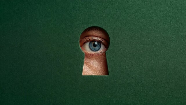 Eye looking through keyhole opening capturing curiosity surveillance and hidden observation concept with strong focus on gaze and minimal green background composition