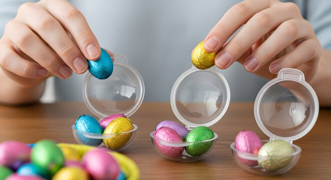 Close-up of hands carefully sorting vibrant foil-wrapped chocolate Easter eggs into small clear plastic containers, preparing sweet treats for a festive celebration
