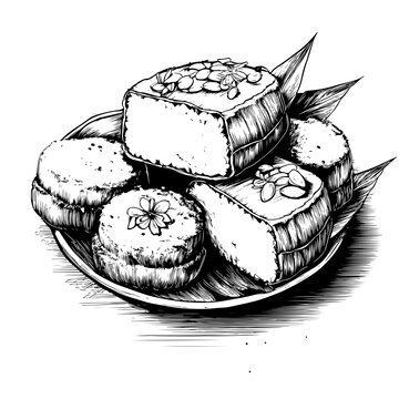 Exquisite hand-drawn illustration of traditional Filipino sticky rice cake dessert, Biko, elegantly arranged on a plate with garnish, a unique culinary artwork for adobe stock