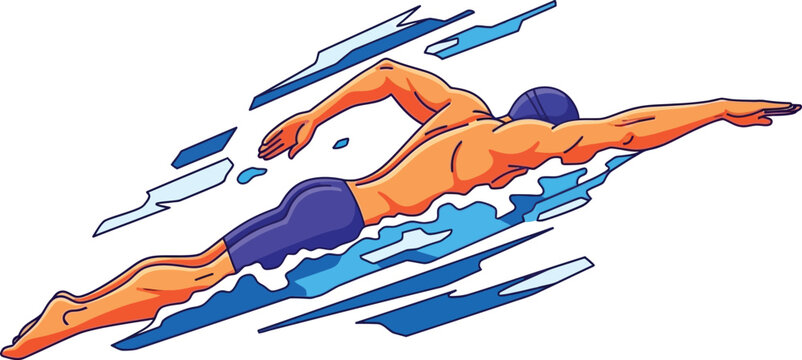 Swimmer performs freestyle stroke with dynamic water splashes depicted in a stylized graphic.