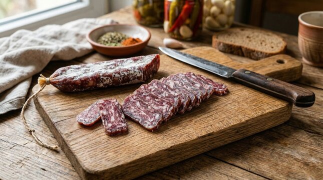 Traditional Bulgarian lukanka sausage sliced on wooden cutting board  
