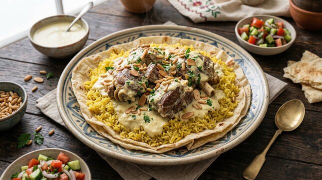 Traditional Mansaf dish served with seasoned rice and fresh toppings  