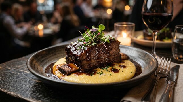 Braised short ribs served with creamy polenta in upscale restaurant  