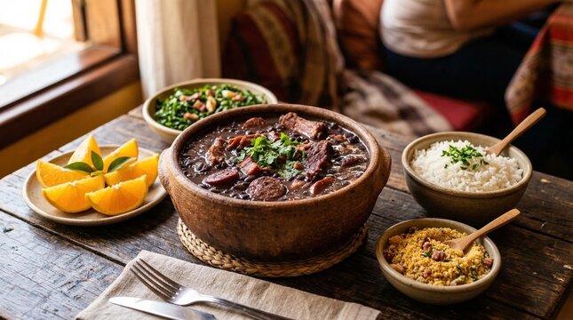 Traditional Brazilian feijoada served with rice and orange slices  