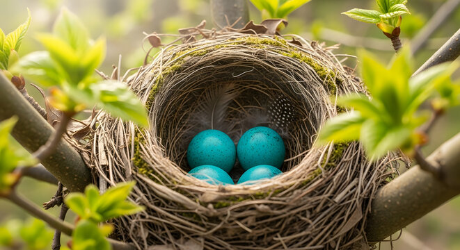 A vibrant bird's nest with four blue eggs, nestled in fresh spring leaves, symbolizing new life, hope, and nature's delicate cycle of renewal and growth