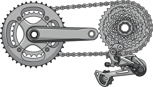 Bicycle drivetrain components including a chainring, cassette, and rear derailleur are depicted in a detailed mechanical illustration.