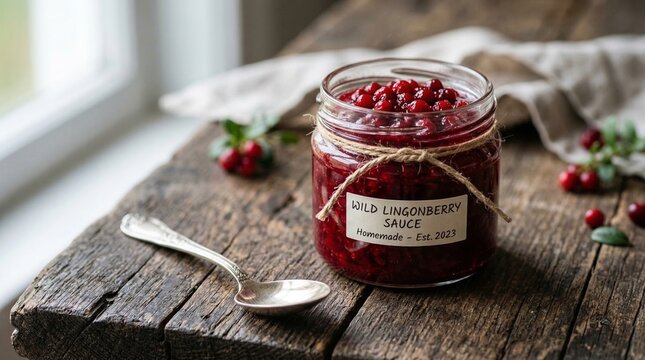 Wild lingonberry sauce in jar on rustic wooden table with spoon  
