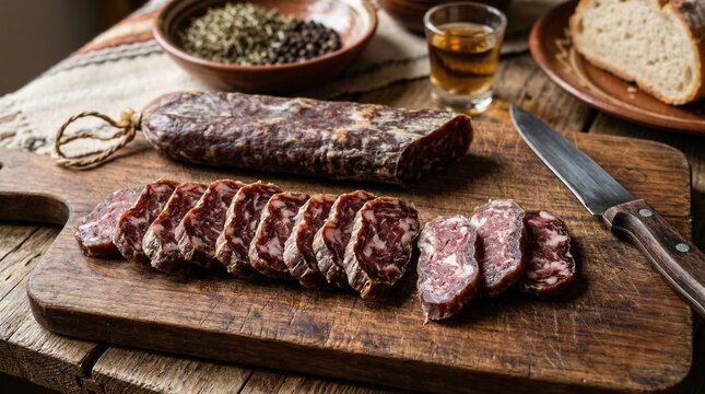 Traditional Bulgarian dried cured meat slices on a wooden board  