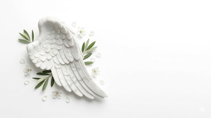 Naklejka premium White marble angel wing sculpture with olive leaves and scattered blossom petals isolated on white background