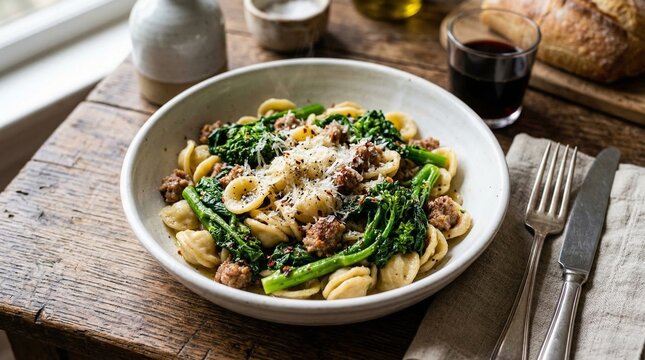 Traditional Italian orecchiette pasta with broccolini and cheese  