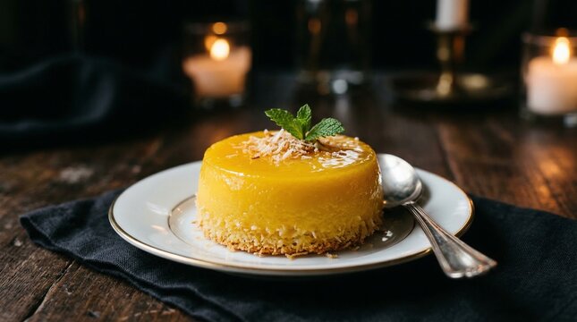 Vibrant yellow quindim dessert on a plate with spoon and mint garnish  