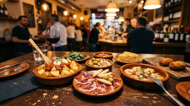 Vibrant Spanish tapas spread with wine on rustic wooden table  