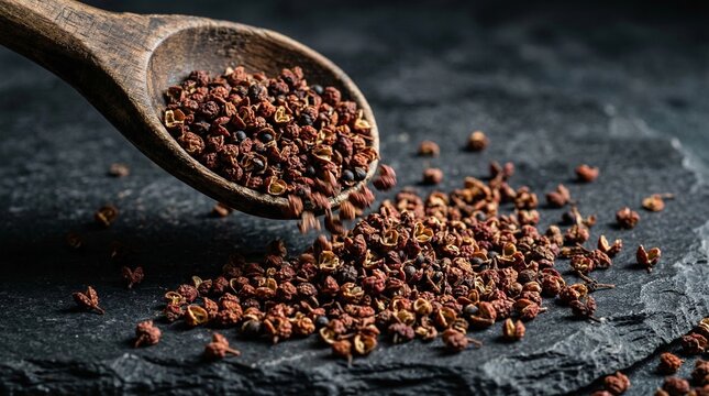Dried Sichuan peppercorns spilling from wooden spoon on dark surface  