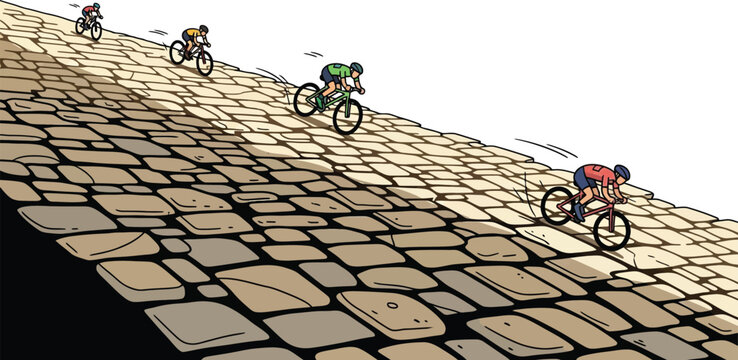 A small group of competitive cyclists ascends a steep hill paved with large, irregular, textured stones.