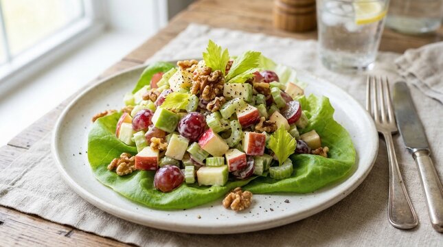 Waldorf salad arranged on fresh lettuce with apples and walnuts  