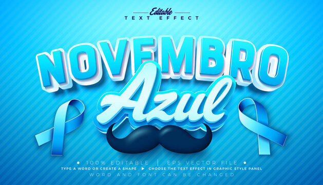 Blue November Prostate Cancer Text Effect Design Editable and Scalable 3d Vector Graphic Style with Heart, Mustache and Ribbon on Blue Background. Novembro Azul Portuguese Language Health Care